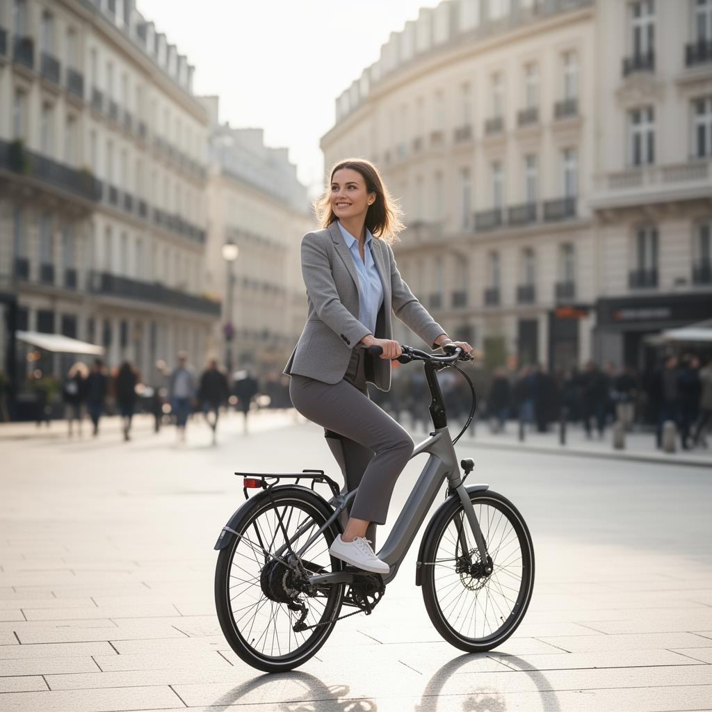 Donna che si sposta in città con VoltRide tra le strade di Parigi